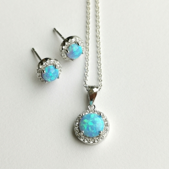 Blue opal cz halo necklace earring set in sterling silver 🆕 - Picture 2 of 7